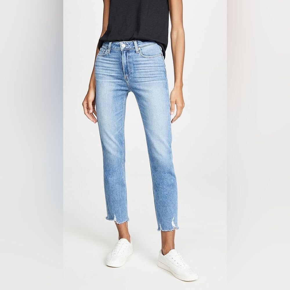 PAIGE Cindy High Rise Straight Leg Jeans Medium Wash Frayed Raw Hem Mel 29